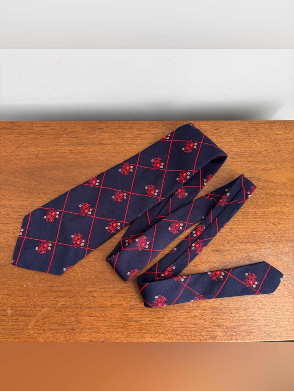 Vintage Lanvin Navy Silk Tie with Red Floral Grid
